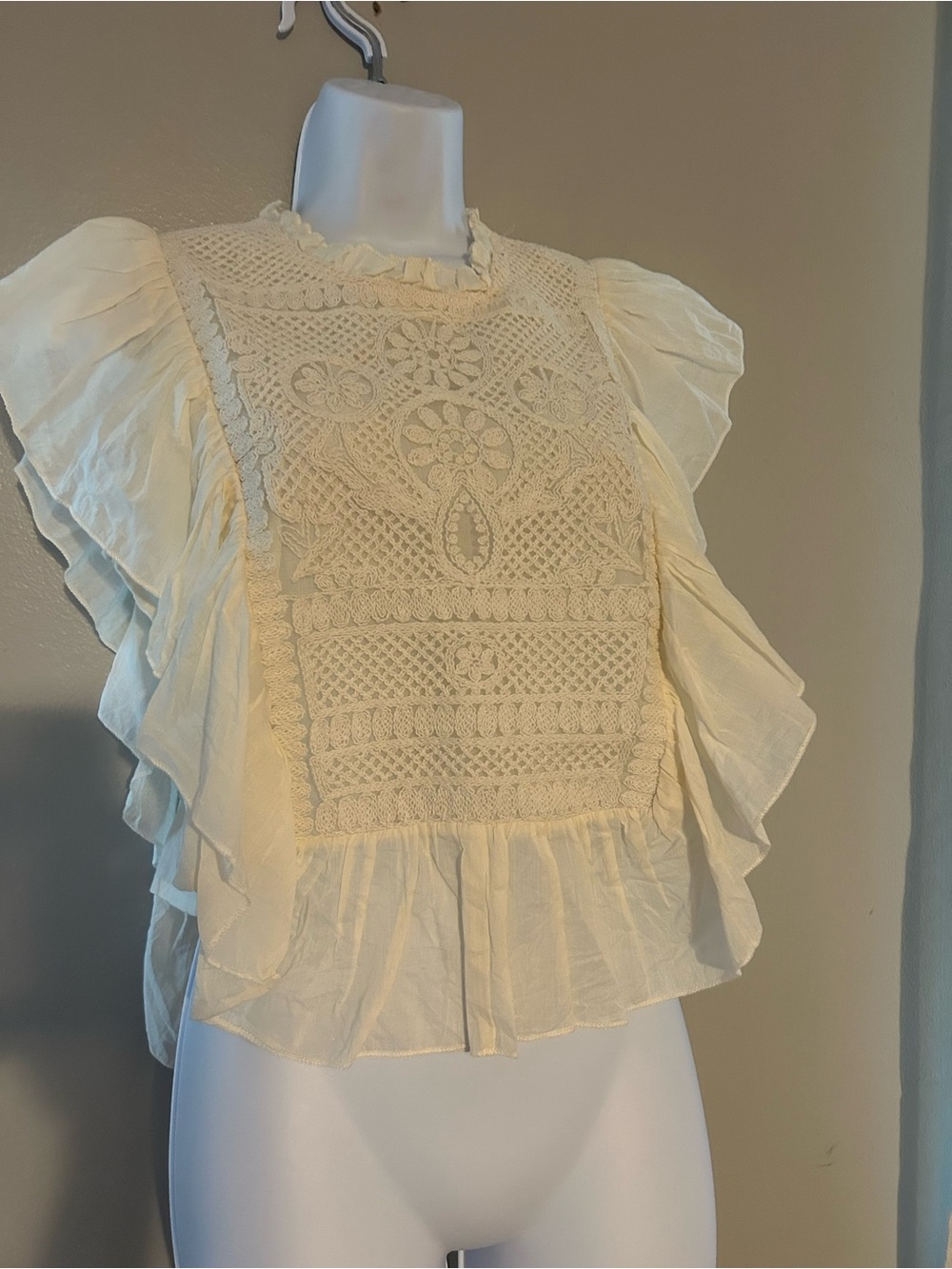 Joie Cream Crochet Front Ruffle Sleeve Blouse